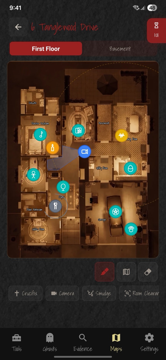 PhasmoSync interactive map of 6 Tanglewood Drive with equipment and evidence markers placed across rooms